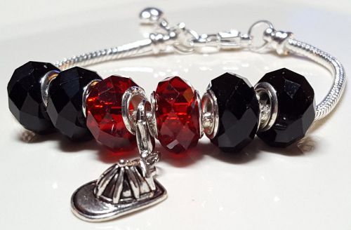 Fire fighter helmet european charm bracelet lampwork crystal black &amp; red beads for sale