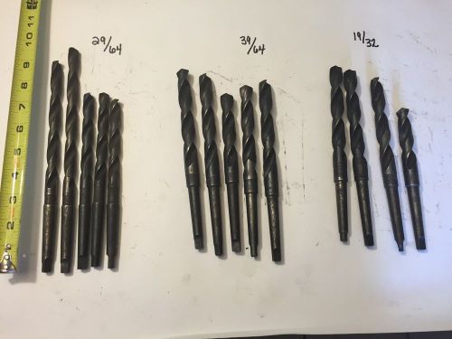 Lot of 14 Drill Bit   19/32&#034;,39/64&#034;,29/64&#034;    #1 Morse Taper High Speed Steel