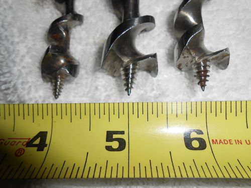 Lot of 3 long vintage drill auger bits ~ 2 &#034;stiletto&#034; ~ 1 &#034;clean cut&#034; for sale