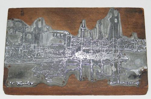 Antique Letterpress Printing Printers Block NAUTICAL SHIP HARBOR Holiday Greetin