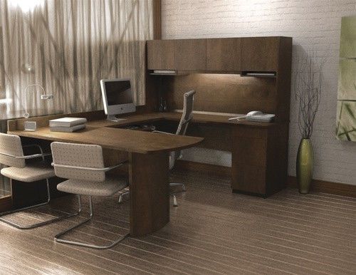 Modern U-shaped Premium Office Desk with Hutch in Chocolate Finish Free Shipping