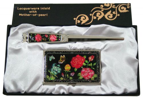 nacre rose Business card holder case envelope letter opener gift set#06