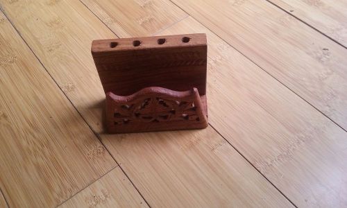 Wooden carved business card holder/display with pen holes. Beautiful!