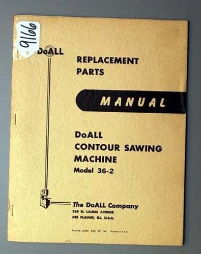 DoAll Parts Manual Contour Sawing Machine Model 36-2, Inv 9166