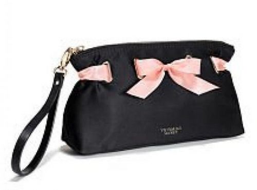 NWT Victorias Secret Cosmetics Bag Satin Pouch Black Pink Ribbon-Wristlet  N682