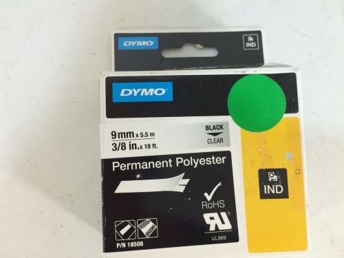 Dymo 18508 3/8&#034;x18&#039; 9mmx5.5m Permanent Polyester Black Clear Labeller Tape