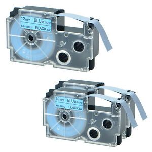 3PK 12mm Black Ink Blue Tape Cartridge EZ-Label Fits Casio XR-12BU 1/2&#034; 12mm