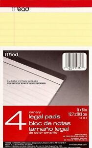 4 Pack Pad Writing Pads Canary Paper Legal Rule Perforated 50 Sheets 5 x 8 Inch