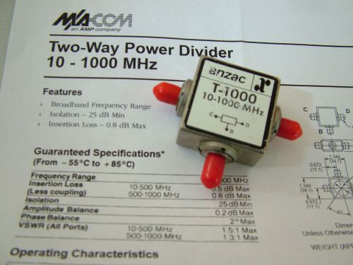Rf power divider 2 way sma 10mhz - 1000mhz anzac t-1000 for sale