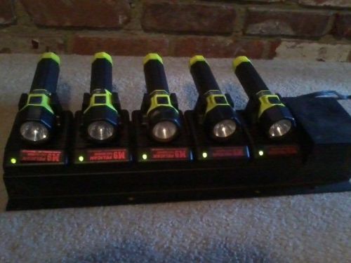 (5) Pelican Black Knight M9 7050 Rechargeable Flashlights W/ 5 Bank Fast Charger