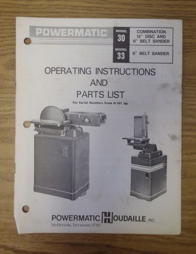 Powermatic model 30 33 6&#034; 12&#034; belt disc sander operating instructions parts list for sale