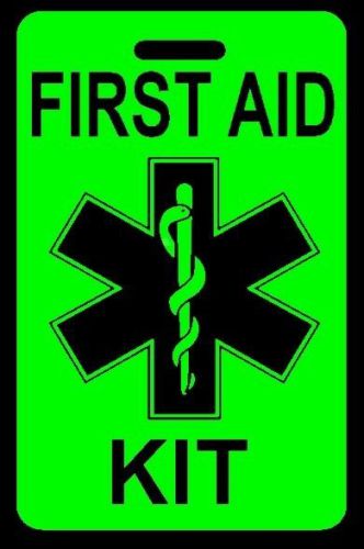Day-glo green first aid kit bag tag - free personalization - new for sale