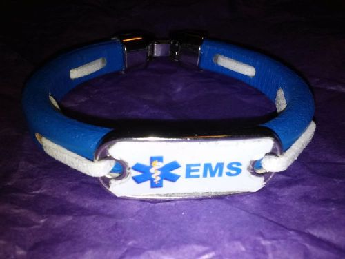 EMS Leather Bracelet; Blue Leather with White Suede Woven with EMS Charm