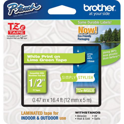 Brother TZeMQG35 White Print on Lime Green Label Tape, 1/2&#034;x16.4 ft for P-touch