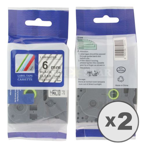 2pk Transparent on Black Tape Label for Brother P-Touch TZ TZe 111 6mm 1/4&#034;