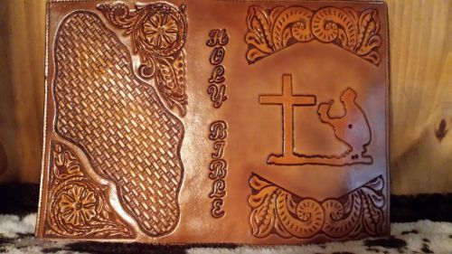 Western Large Bible Cover Handmade Tooled Cowboy at Cross Leather Brown Natural