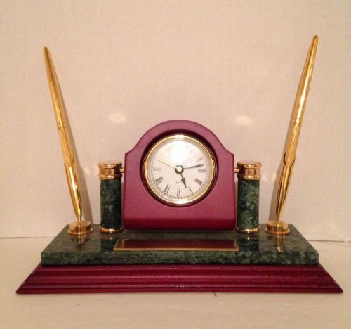 Marble &amp; mahogany desk top engraveable duel pen danbury clock set office decor for sale