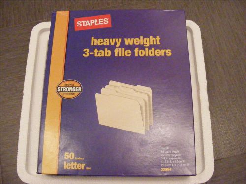 New box of 50 Staples heavy weight, letter size, manila 3-tab file folders