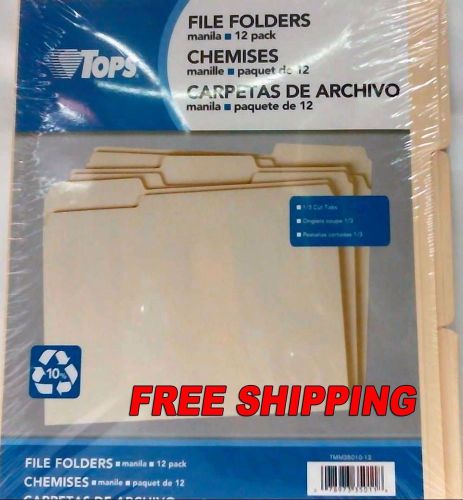 TOPS File Folders, Manila, Letter Size, 1/3 Cut Tabs, 12 Pack (TMM35010) SEALED