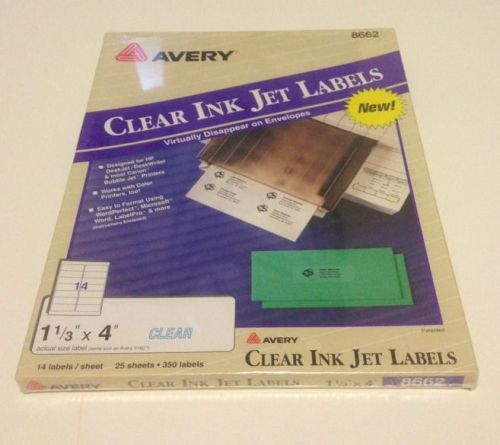 Avery 8662 clear mailing labels 1-1/3&#034; x 4&#034; 25 sheets - total of 350 labels NEW