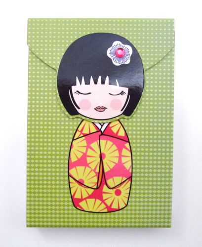 Japanese kokeshi doll mini note pad ~ magnetic closure ~ green ~ new for sale