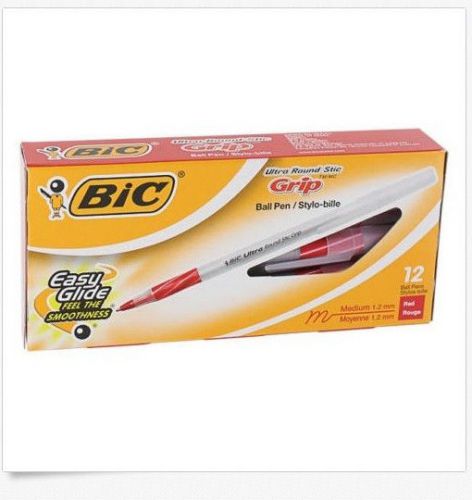 BIC Ultra Round Stic Grip Ballpoint Pen, Red Ink, Medium Point, Dozen