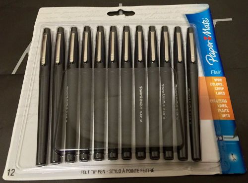 Paper Mate Flair 12 Felt Tip Pens, Medium Point, Black Ink, Brand New