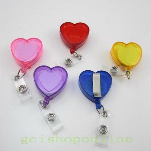 5 PCS clear Heart Love ID Card Holder Reels Retractable Badge Clip Strap Lanyard
