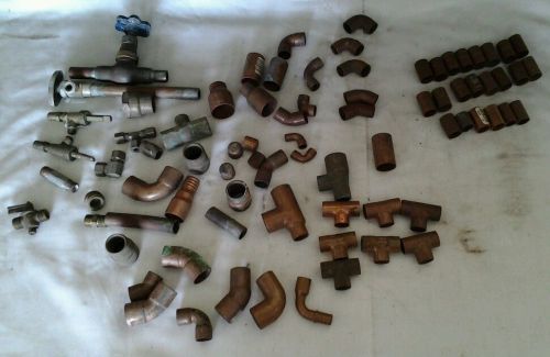 1/2&#034; &amp; 3/4&#034; Copper Fittings Lot of 81. Elbows, Couplings, Tees. Caps. Used valve