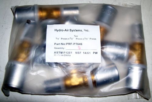 New lot of 5 hydro-pex prf-pt646 brass press fittings 3/4&#034; x 1/2&#034; x 3/4&#034; for sale