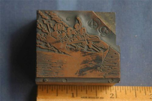 Letterpress Printing Block Speedboat Boat on Ocean with Family Copper Wood (008)