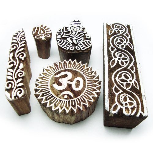 Ganesha, om and floral hand carved wooden block printing tags (set of5) for sale