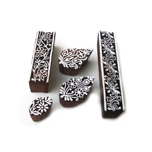 Indian Handcarved Floral Pattern Wooden Block Tags (Set of 5)