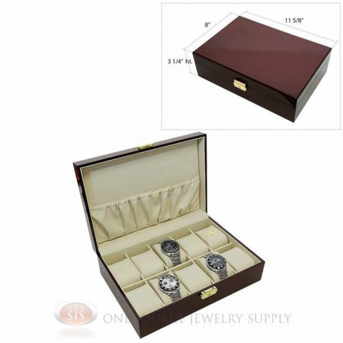 10 Watch Solid Top Rosewood Watch Case with Beige Faux Leather Lining Display