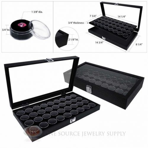 (2) black wooden glass top display cases w/ 2 black 36 gem jar gemstone inserts for sale