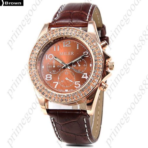 PU Leather Rhinestones Analog Quartz Lady Ladies Wristwatch Women&#039;s Brown