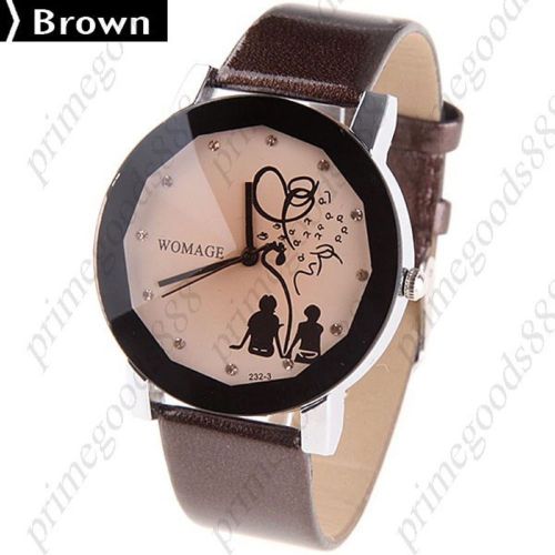 Stylish Round Case Quartz Wrist Watch with Faux Leather Strap Rhinestones Brown