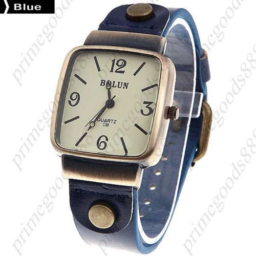 Square Case PU Leather Unisex Quartz Wrist Watch in Blue Free Shipping