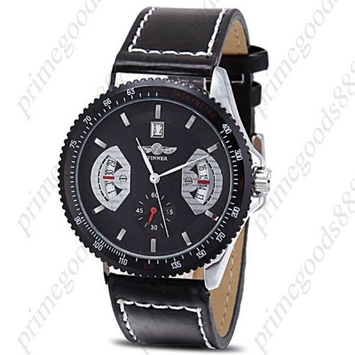 Round Unisex Black Genuine Leather Auto Automatic Mechanical Date Wristwatch