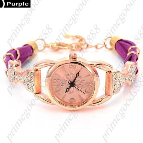 Butterfly Rhinestones PU Leather Quartz Wristwatch Lady Ladies Women&#039;s Purple