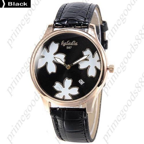 Gold Flowers PU Leather Lady Ladies Wrist Analog Quartz Wristwatch Women&#039;s Black