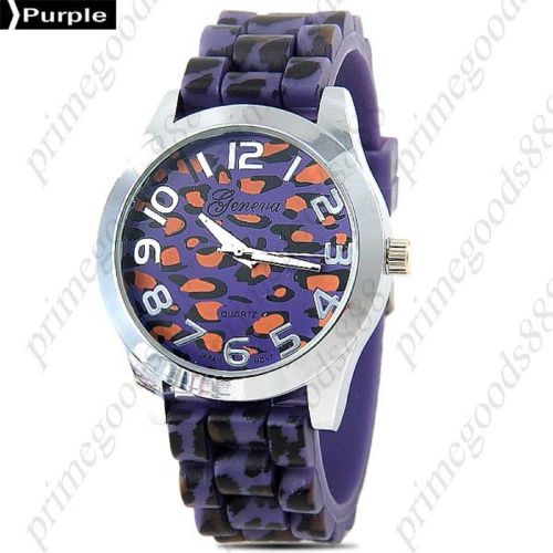 Leopard Round Case Silica Gel Lady Ladies Wrist Quartz Wristwatch Women&#039;s Purple