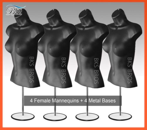 4pc BLACK Female Mannequin Torso w/Metal Stand+Hanging Hook Dress Form Women NEW
