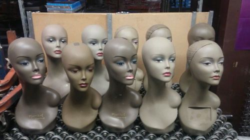 Lot of 10 Mannequin Heads displaying hats, scarves, wigs, etc