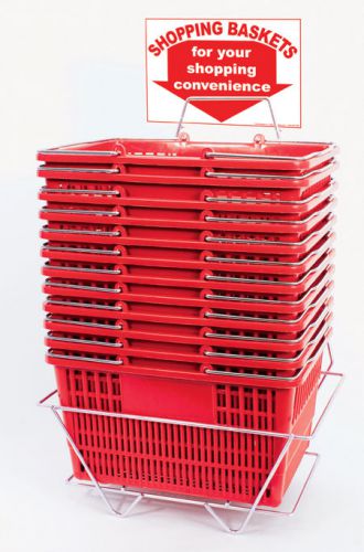 12 Basket Set Standard-Size Shopping Hand Baskets Chrome Handle (Red) Sign/Stand