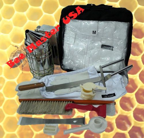 Bee suit+gloves+smoker+brush+tool+feeder+cage+holder+knife+fork+h/gate= 11 pcs for sale