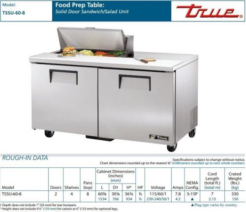 New true commercial solid door sandwich/salad prep table tssu-60-8 for sale
