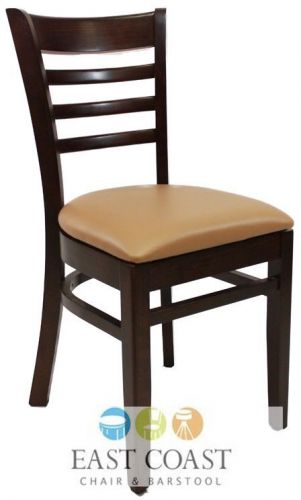 New wooden walnut ladder back restaurant chair with tan vinyl seat for sale