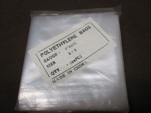 100 Square 3&#034; x 3&#034; Open Top Clear Flat Poly Plastic Bags .0015 Gauge -