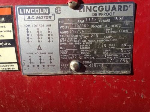 Lincoln dripproof lincguard motor 75hp 1775rpm tv4686 230/460v for sale
